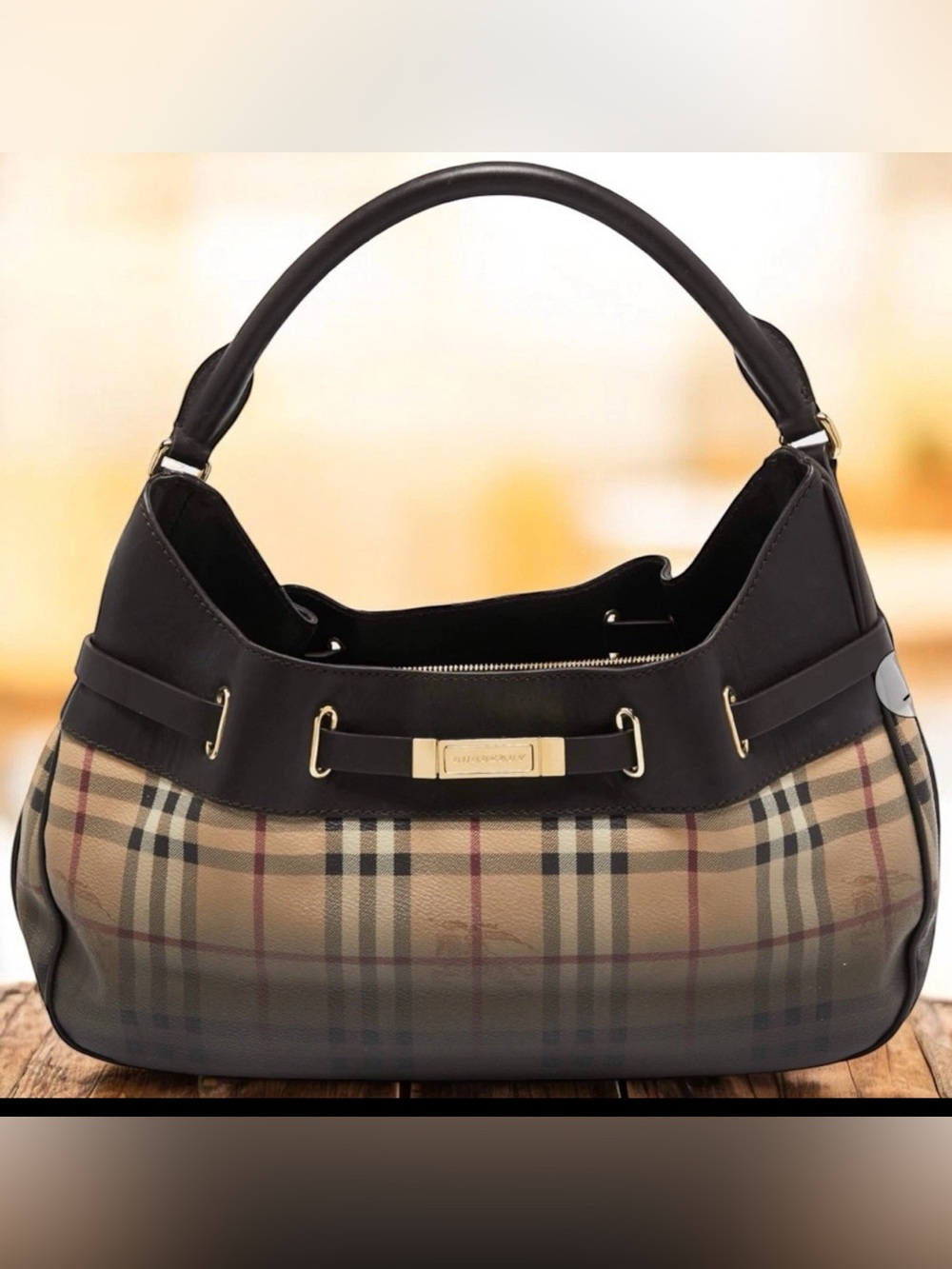 Burberry Beige Plaid Shoulder Bag with Brown Trim